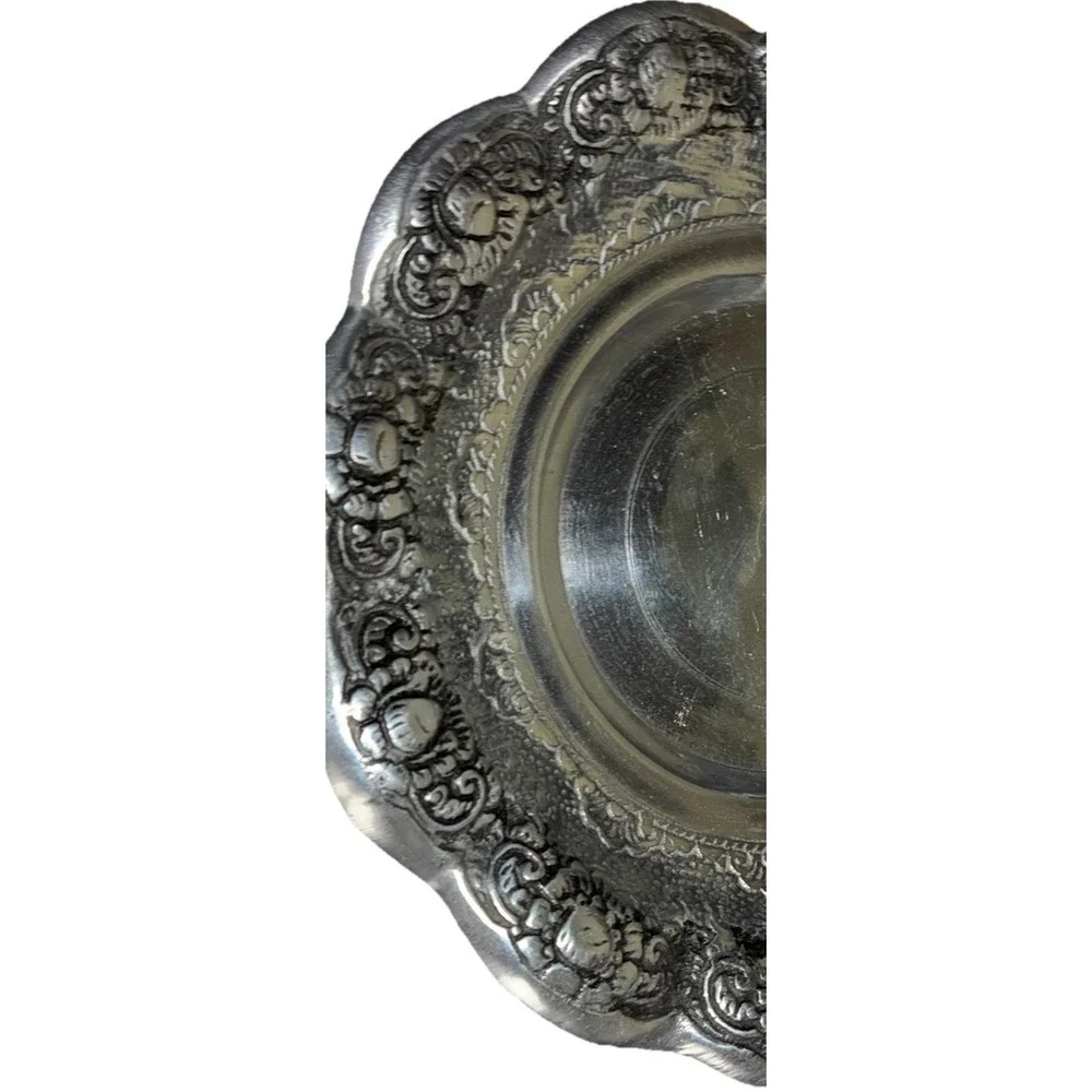Vintage Indonesian Pedestal Bowl Triple Silver Plate TS Floral Ornate Candy Dish